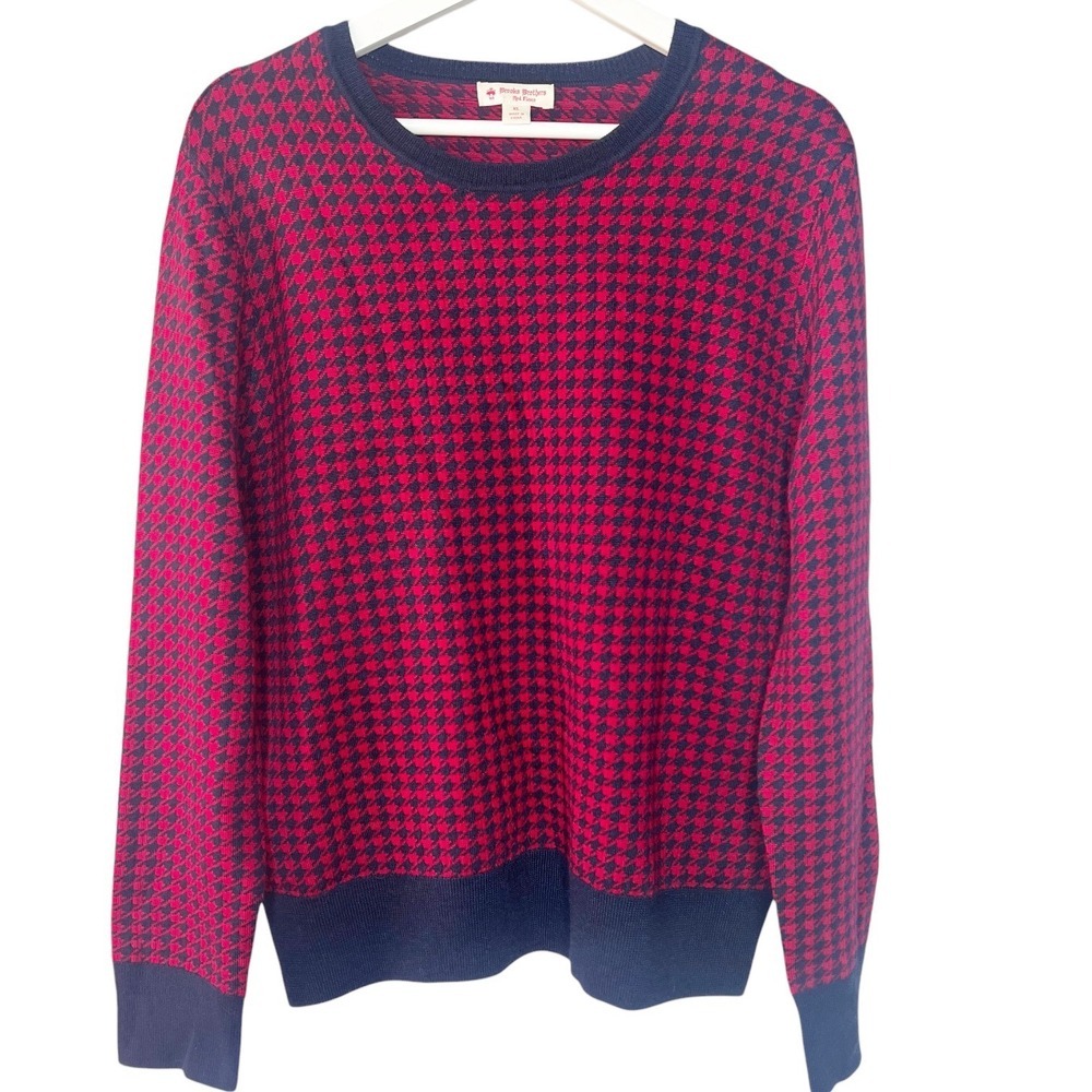 BROOKS BROTHERS Merino Wool Houndstooth Crew‎ Neck Sweater Red Blue Size XL